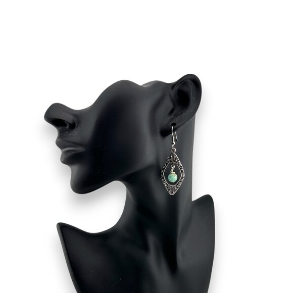 Antique Silver Pewter Peruvian Turquoise Earrings - Picture 7 of 10